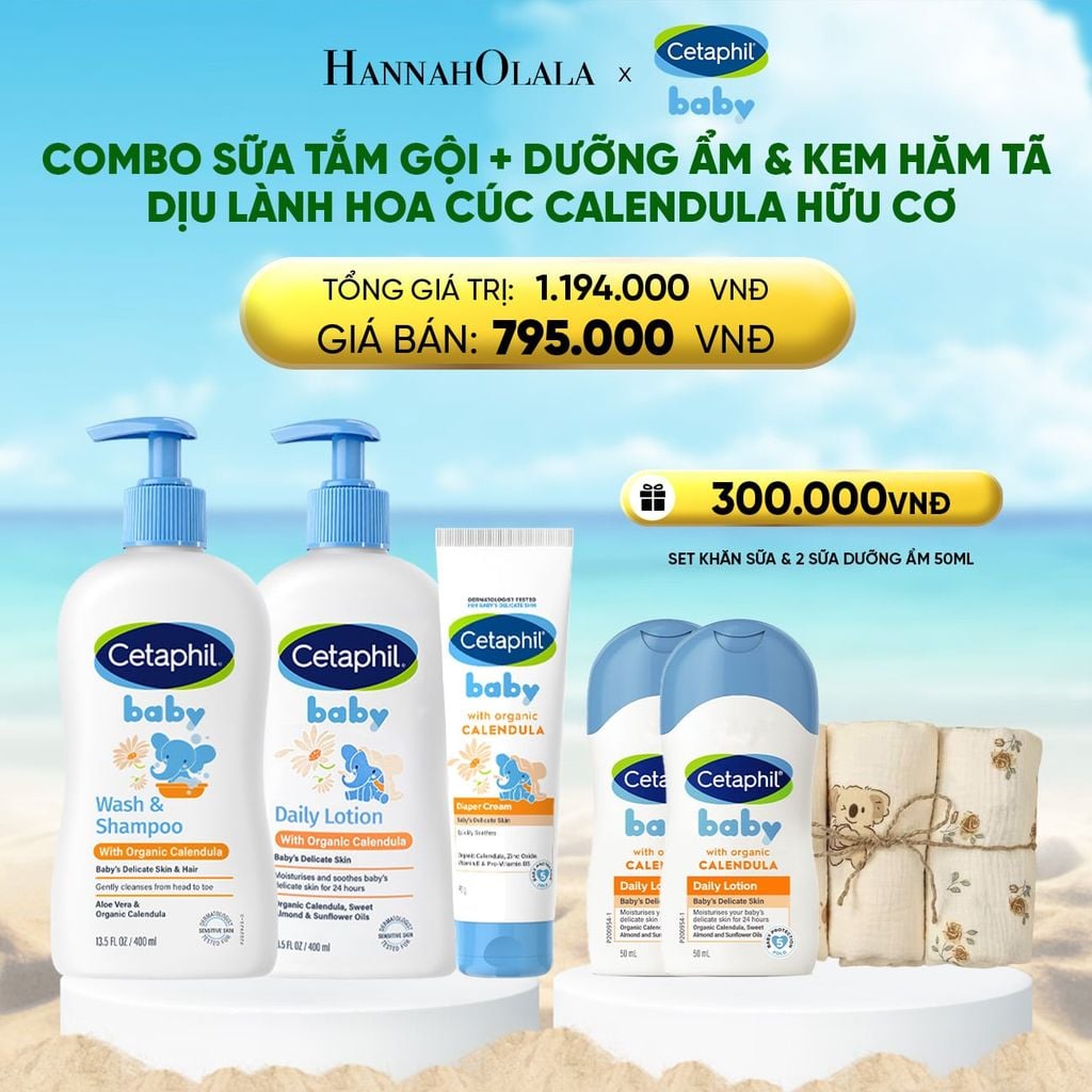 BỘ SỮA TẮM GỘI 400ML + SỮA DƯỠNG ẨM 400ML + KEM CHỐNG HĂM TÃ 70G CETAPHIL BABY WITH ORGANIC CALENDULA 