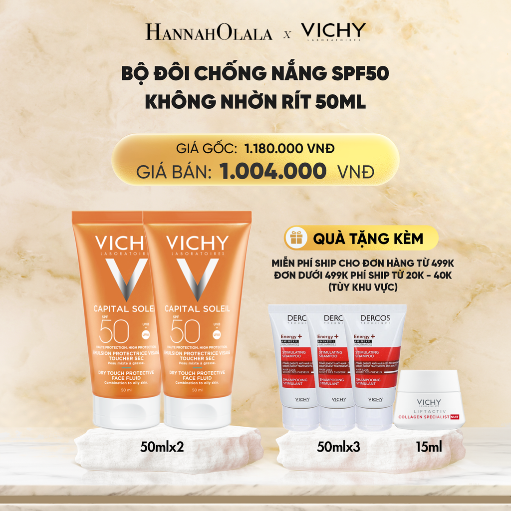  DEAL 11 BỘ ĐÔI CHỐNG NẮNG VICHY CAPITAL SOLEIL DRY TOUCH FACE FLUID SPF50 KHÔNG NHỜN RÍT 50ML 