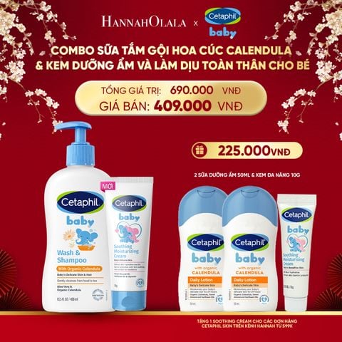 DEAL 11: COMBO SỮA TẮM GỘI DỊU LÀNH CHO BÉ CETAPHIL BABY WASH & SHAMPOO VỚI HOA CÚC HỮU CƠ 400ML & KEM LÀM DỊU VÀ DƯỠNG ẨM CHO BÉ CETAPHIL BABY SOOTHING & MOISTURISING CREAM 100G 