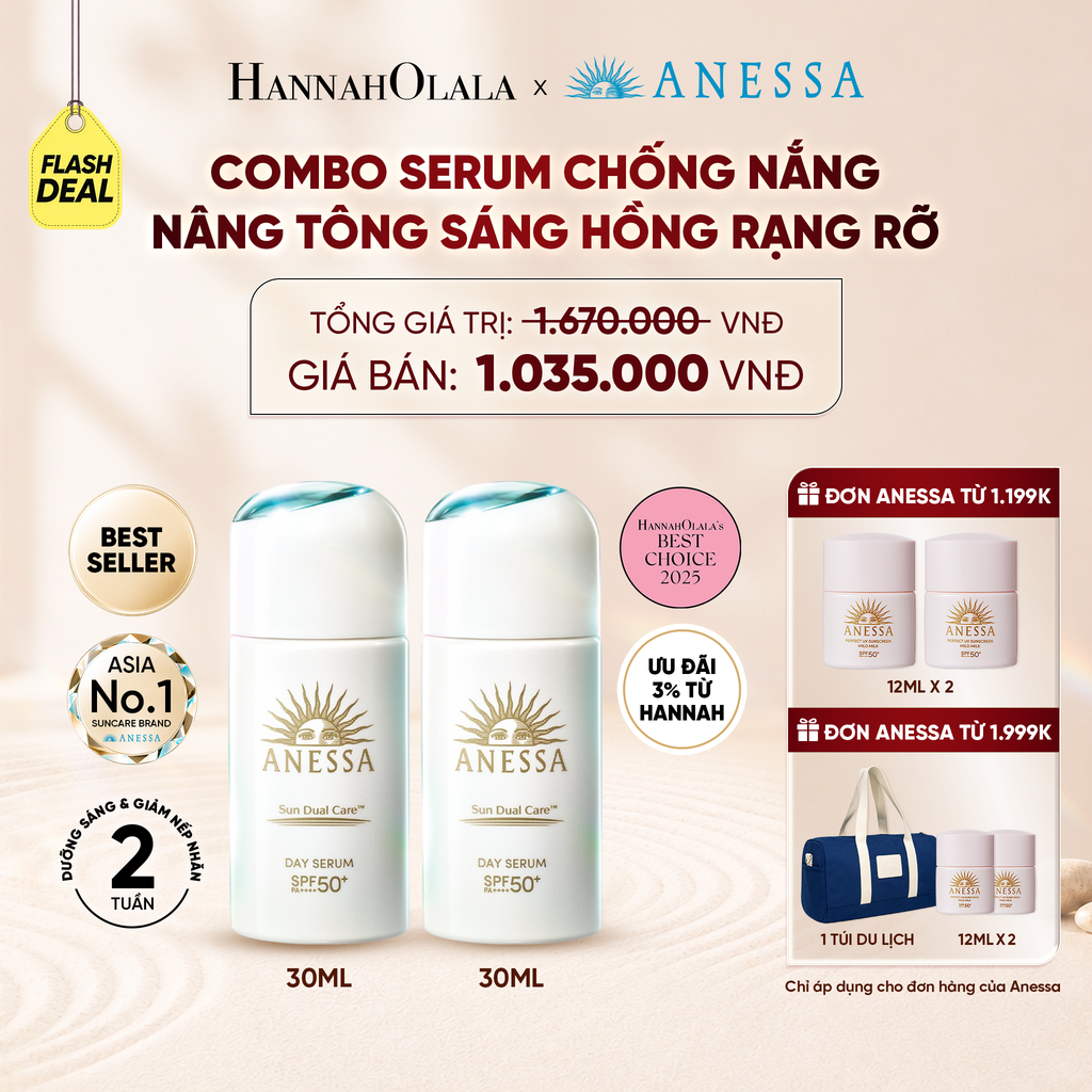  [FLASHSALE] COMBO SERUM CHỐNG NẮNG DƯỠNG DA NÂNG TÔNG NGĂN NGỪA LÃO HÓA ANESSA DAY SERUM SPF50+ PA++++ 30MLX2 - DEAL 11 
