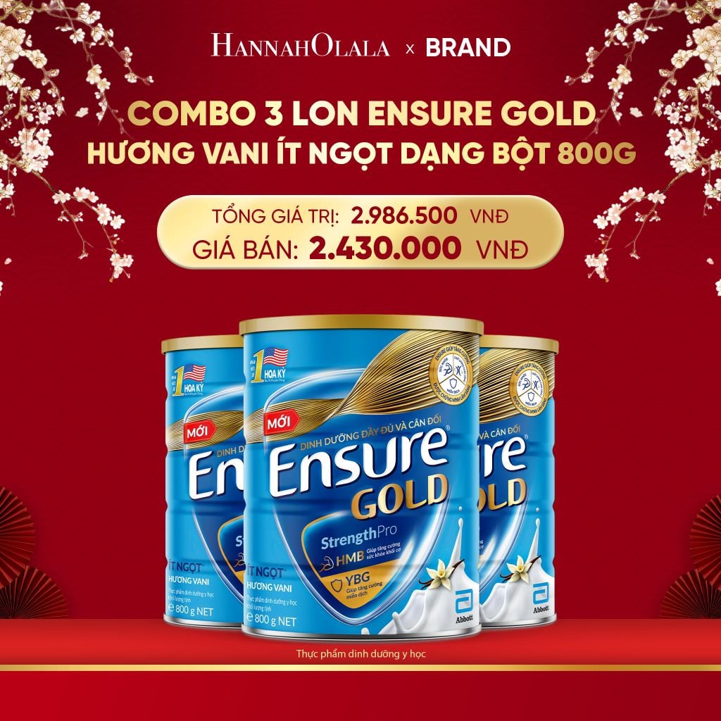  A30_DEAL 11: COMBO 3 LON ENSURE GOLD HƯƠNG VANI ÍT NGỌT DẠNG BỘT 800G 