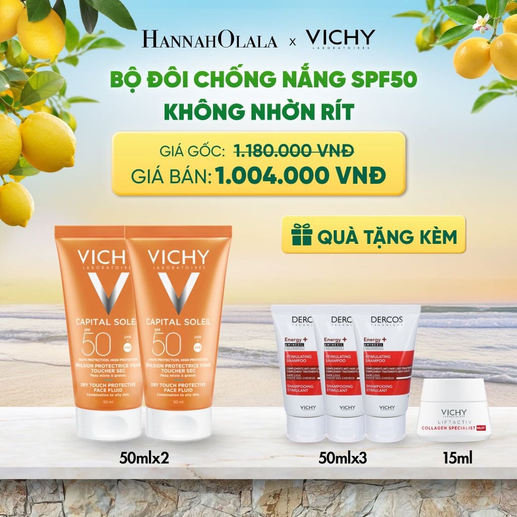  BỘ ĐÔI CHỐNG NẮNG VICHY CAPITAL SOLEIL DRY TOUCH FACE FLUID SPF50 KHÔNG NHỜN RÍT 50ML DEAL 11 