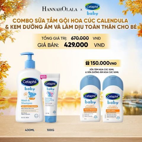  COMBO SỮA TẮM GỘI DỊU LÀNH CHO BÉ CETAPHIL BABY WASH & SHAMPOO VỚI HOA CÚC HỮU CƠ 400ML & KEM LÀM DỊU VÀ DƯỠNG ẨM CHO BÉ CETAPHIL BABY SOOTHING & MOISTURISING CREAM 100G DEAL 11: - E1758 
