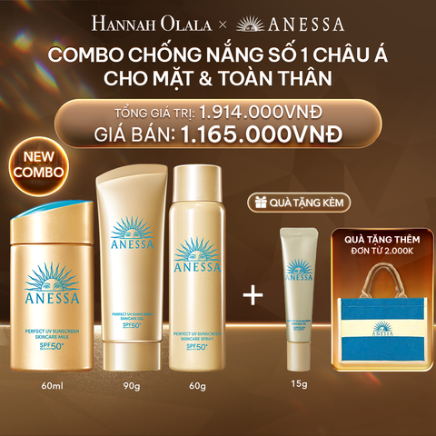  DEAL 11: COMBO CHỐNG NẮNG TOÀN DIỆN CHO CÁC HOẠT ĐỘNG NGOÀI TRỜI CHO MẶT - TOÀN THÂN ANESSA GOLD MILK 60ML + GOLD GEL 90G + GOLD SPRAY 60G 