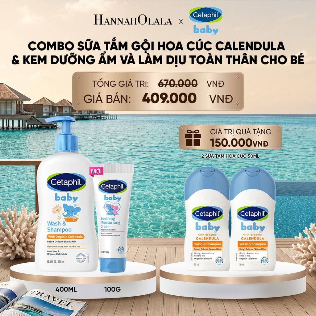  DEAL 11: COMBO SỮA TẮM GỘI DỊU LÀNH CHO BÉ CETAPHIL BABY WASH & SHAMPOO VỚI HOA CÚC HỮU CƠ 400ML & KEM LÀM DỊU VÀ DƯỠNG ẨM CHO BÉ CETAPHIL BABY SOOTHING & MOISTURISING CREAM 100G_ A1928_ D430 
