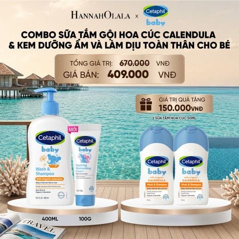  DEAL 11: COMBO SỮA TẮM GỘI DỊU LÀNH CHO BÉ CETAPHIL BABY WASH & SHAMPOO VỚI HOA CÚC HỮU CƠ 400ML & KEM LÀM DỊU VÀ DƯỠNG ẨM CHO BÉ CETAPHIL BABY SOOTHING & MOISTURISING CREAM 100G_ A1928_ D430 