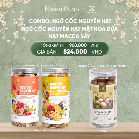 DEAL 11: COMBO NGŨ CỐC NGUYÊN HẠT 500G + NGŨ CỐC NGUYÊN HẠT MẬT HOA DỪA 500G + MACCA SẤY 500G 