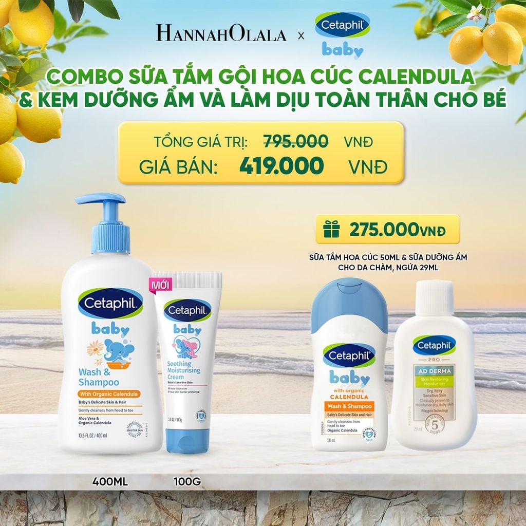  COMBO SỮA TẮM GỘI DỊU LÀNH CHO BÉ CETAPHIL BABY WASH & SHAMPOO VỚI HOA CÚC HỮU CƠ 400ML & KEM LÀM DỊU VÀ DƯỠNG ẨM CHO BÉ CETAPHIL BABY SOOTHING & MOISTURISING CREAM 100G DEAL 11: 