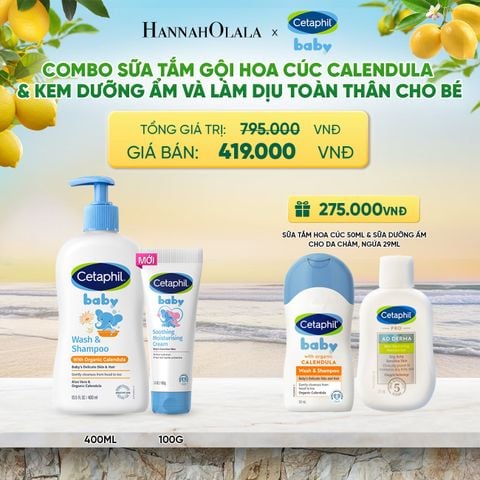  COMBO SỮA TẮM GỘI DỊU LÀNH CHO BÉ CETAPHIL BABY WASH & SHAMPOO VỚI HOA CÚC HỮU CƠ 400ML & KEM LÀM DỊU VÀ DƯỠNG ẨM CHO BÉ CETAPHIL BABY SOOTHING & MOISTURISING CREAM 100G DEAL 11: 