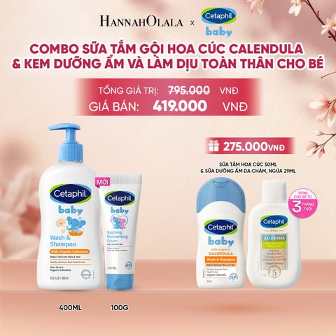  COMBO SỮA TẮM GỘI DỊU LÀNH CHO BÉ CETAPHIL BABY WASH & SHAMPOO VỚI HOA CÚC HỮU CƠ 400ML & KEM LÀM DỊU VÀ DƯỠNG ẨM CHO BÉ CETAPHIL BABY SOOTHING & MOISTURISING CREAM 100G DEAL 11: - A340 