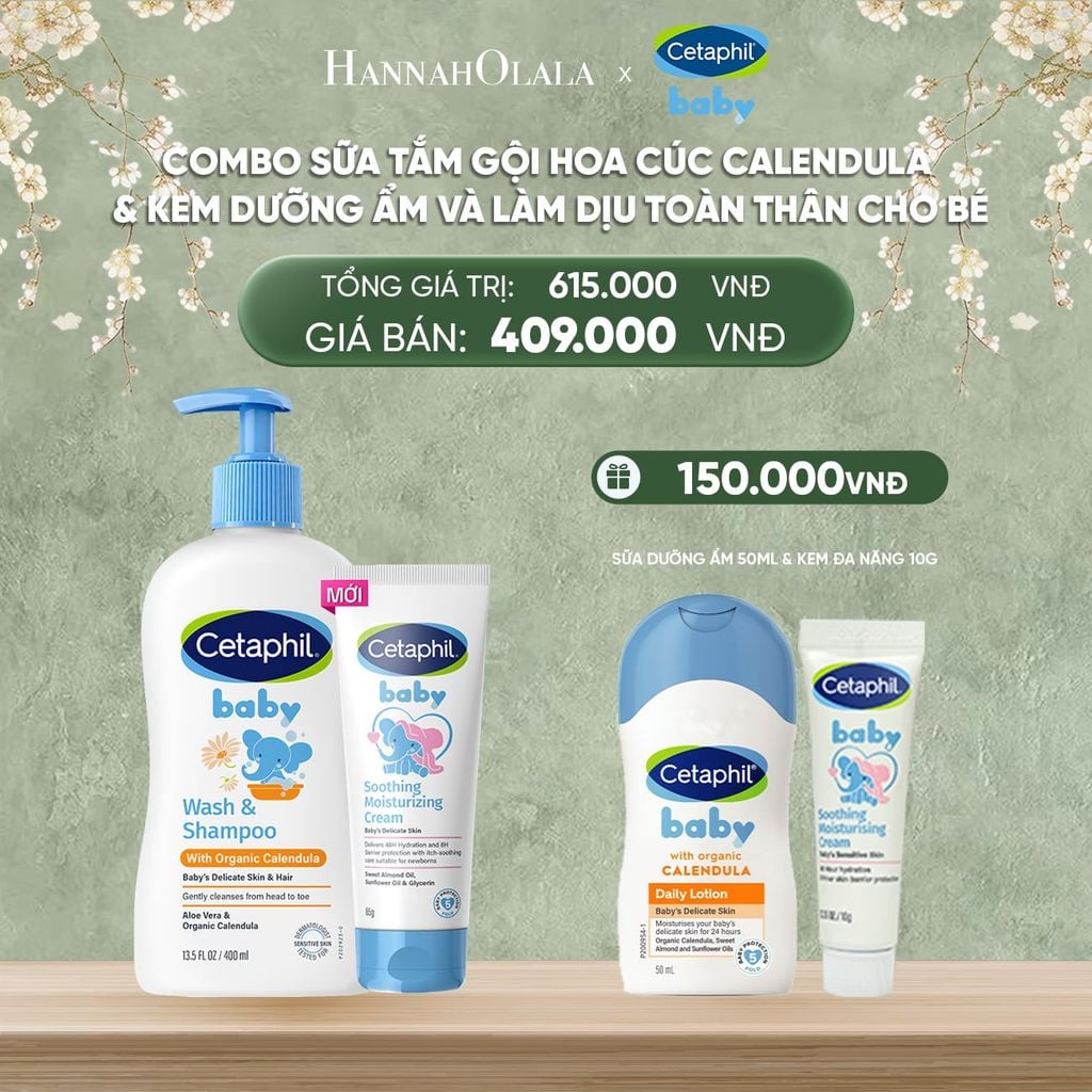  DEAL 11: COMBO SỮA TẮM GỘI DỊU LÀNH CHO BÉ CETAPHIL BABY WASH & SHAMPOO VỚI HOA CÚC HỮU CƠ 400ML & KEM LÀM DỊU VÀ DƯỠNG ẨM CHO BÉ CETAPHIL BABY SOOTHING & MOISTURISING CREAM 100G 