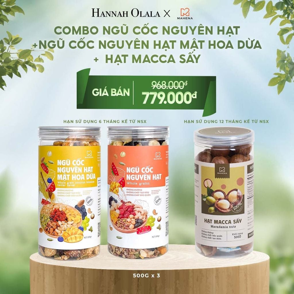  E26_DEAL 11: COMBO NGŨ CỐC NGUYÊN HẠT 500G + NGŨ CỐC NGUYÊN HẠT MẬT HOA DỪA 500G + MACCA SẤY 500G 