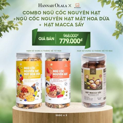  E26_DEAL 11: COMBO NGŨ CỐC NGUYÊN HẠT 500G + NGŨ CỐC NGUYÊN HẠT MẬT HOA DỪA 500G + MACCA SẤY 500G 