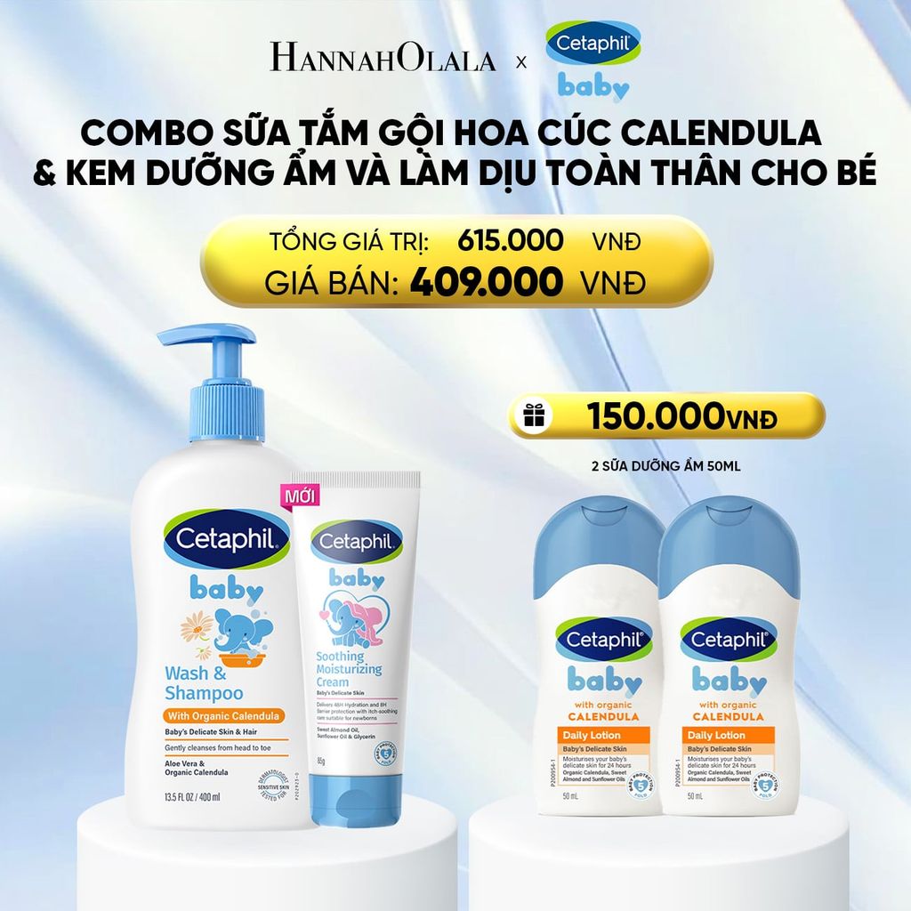  COMBO SỮA TẮM GỘI DỊU LÀNH CHO BÉ CETAPHIL BABY WASH & SHAMPOO VỚI HOA CÚC HỮU CƠ 400ML & KEM LÀM DỊU VÀ DƯỠNG ẨM CHO BÉ CETAPHIL BABY SOOTHING & MOISTURISING CREAM 100G - DEAL 11: 