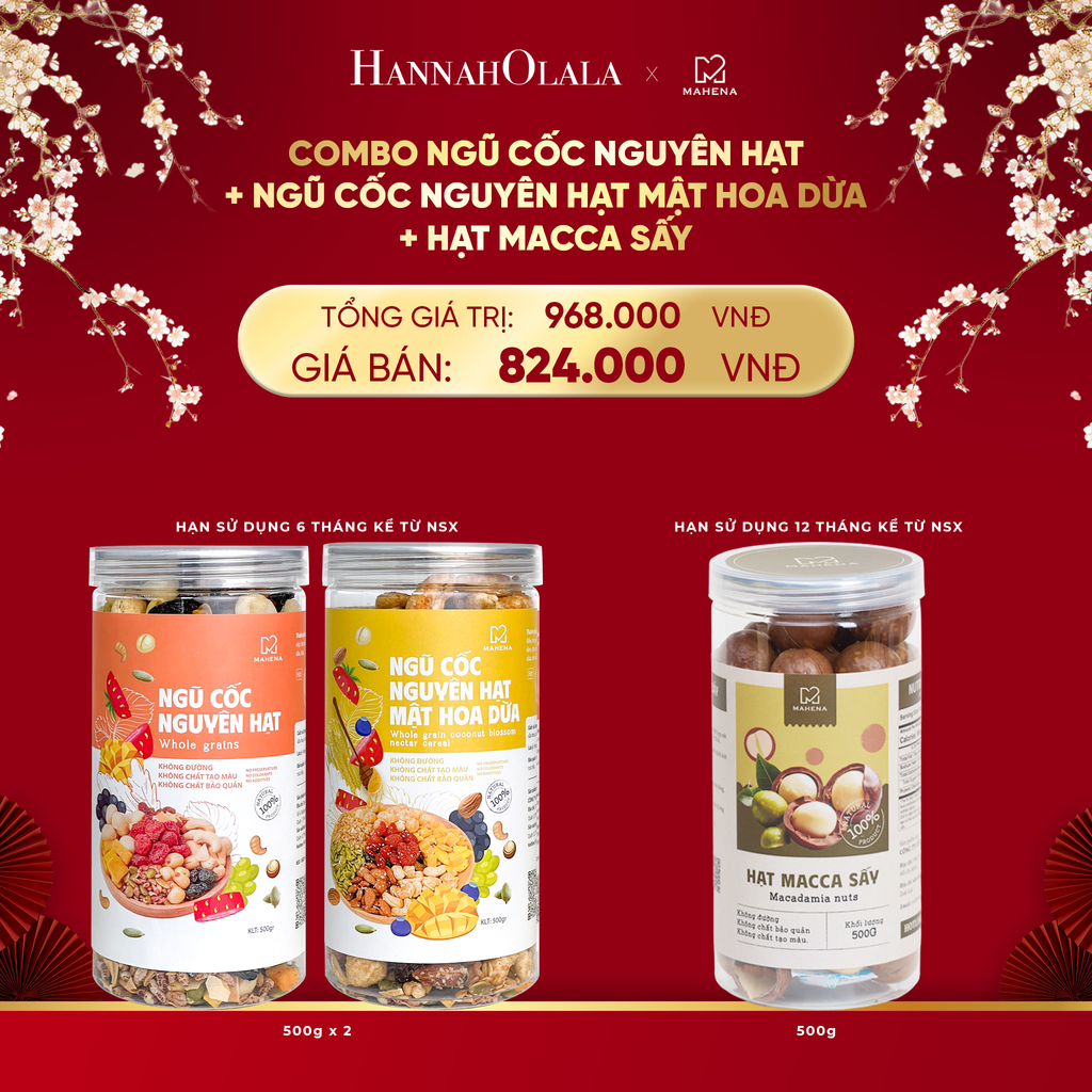  DEAL 11: COMBO NGŨ CỐC NGUYÊN HẠT 500G + NGŨ CỐC NGUYÊN HẠT MẬT HOA DỪA 500G + MACCA SẤY 500G 