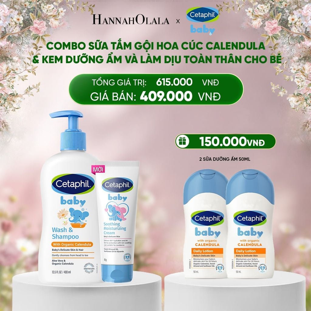  DEAL 11: COMBO SỮA TẮM GỘI DỊU LÀNH CHO BÉ CETAPHIL BABY WASH & SHAMPOO VỚI HOA CÚC HỮU CƠ 400ML & KEM LÀM DỊU VÀ DƯỠNG ẨM CHO BÉ CETAPHIL BABY SOOTHING & MOISTURISING CREAM 100G 