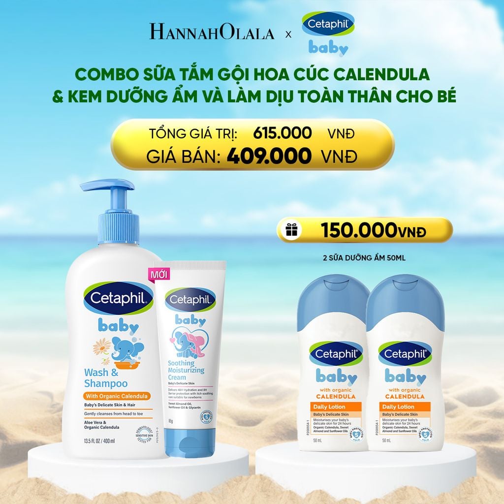  DEAL 11: COMBO SỮA TẮM GỘI DỊU LÀNH CHO BÉ CETAPHIL BABY WASH & SHAMPOO VỚI HOA CÚC HỮU CƠ 400ML & KEM LÀM DỊU VÀ DƯỠNG ẨM CHO BÉ CETAPHIL BABY SOOTHING & MOISTURISING CREAM 100G 