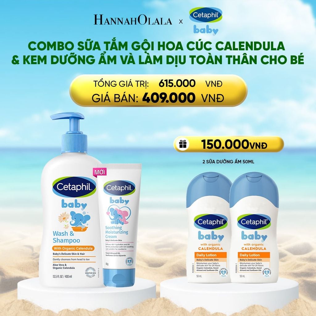  COMBO SỮA TẮM GỘI DỊU LÀNH CHO BÉ CETAPHIL BABY WASH & SHAMPOO VỚI HOA CÚC HỮU CƠ 400ML & KEM LÀM DỊU VÀ DƯỠNG ẨM CHO BÉ CETAPHIL BABY SOOTHING & MOISTURISING CREAM 100G 