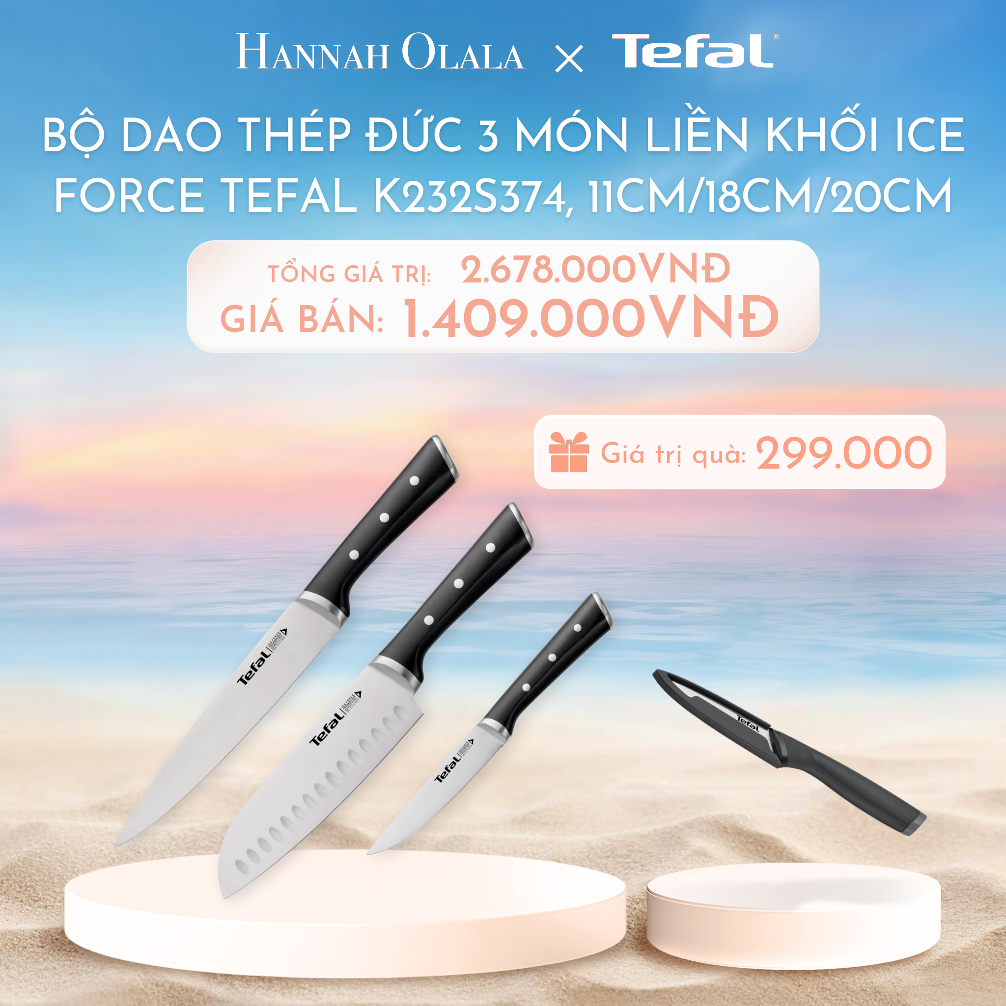 C1077_DEAL 12.1: BỘ DAO THÉP ĐỨC 3 MÓN LIỀN KHỐI ICE FORCE TEFAL K232S374, 11CM/18CM/20CM 
