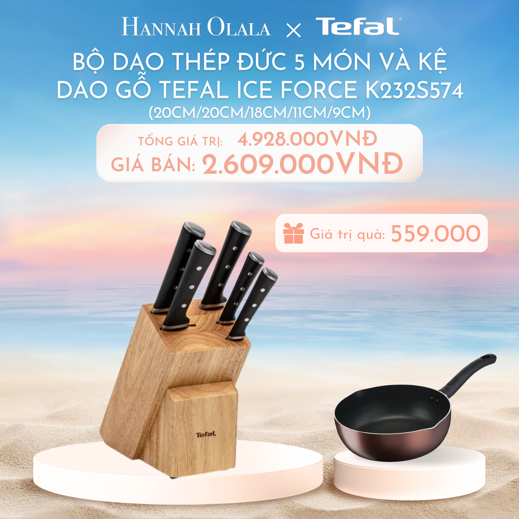  C1078_DEAL 12.2: BỘ DAO THÉP ĐỨC 5 MÓN VÀ KỆ DAO GỖ TEFAL ICE FORCE K232S574, 20CM/20CM/18CM/11CM/9CM 