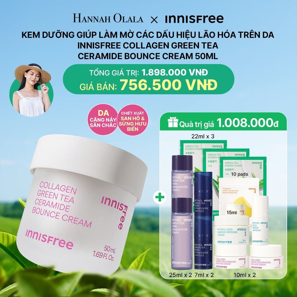  DEAL 12: KEM DƯỠNG GIÚP LÀM MỜ CÁC DẤU HIỆU LÃO HÓA TRÊN DA INNISFREE COLLAGEN GREEN TEA CERAMIDE BOUNCE CREAM 50ML 