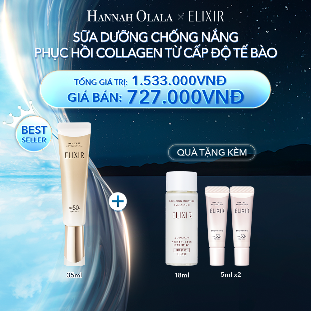  A44_DEAL 12 BACK-UP: SỮA CHỐNG NẮNG PHỤC HỒI COLLAGEN TỪ CẤP ĐỘ TẾ BÀO ELIXIR DAY CARE REVOLUTION SPF50+ 35ML 