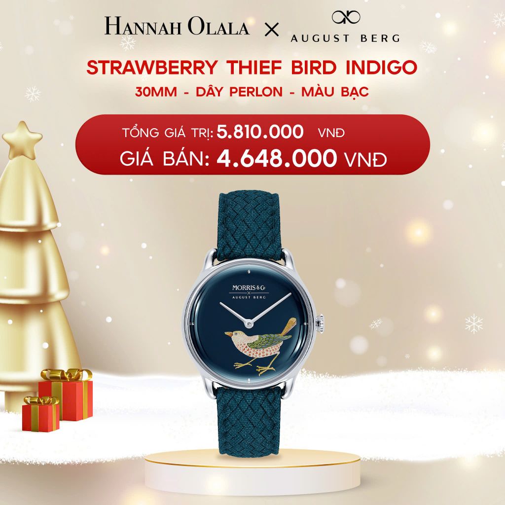  DEAL 12: ĐỒNG HỒ ĐAN MẠCH AUGUST BERG x MORRIS & CO. - MẶT STRAWBERRY THIEF INDIGO 30 MM VIỀN MÀU BẠC - DÂY PERLON 