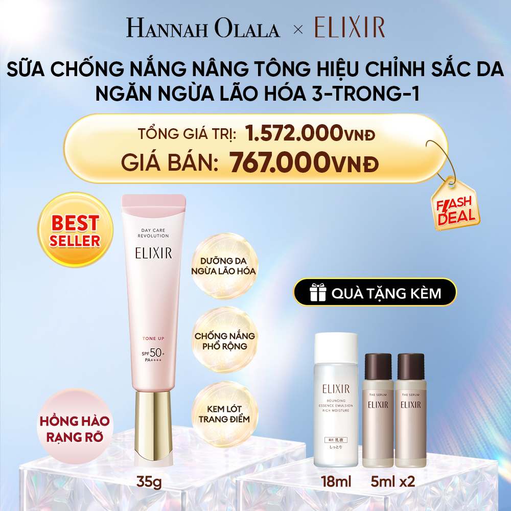  DEAL 12: | SẮC HỒNG BABY | KEM CHỐNG NẮNG DẠNG SỮA NÂNG TÔNG CHO DA XỈN MÀU ELIXIR DAY CARE REVOLUTION TONE UP PINK+35G 