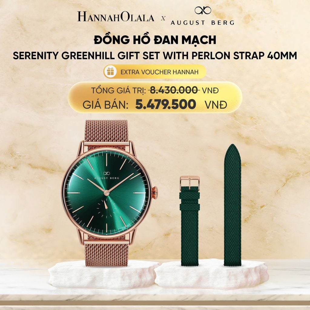  DEAL 12: COMBO ĐỒNG HỒ ĐAN MẠCH AUGUST BERG - MẶT SERENITY GREENHILL 40MM - DÂY MESH KÈM DÂY PERLON 