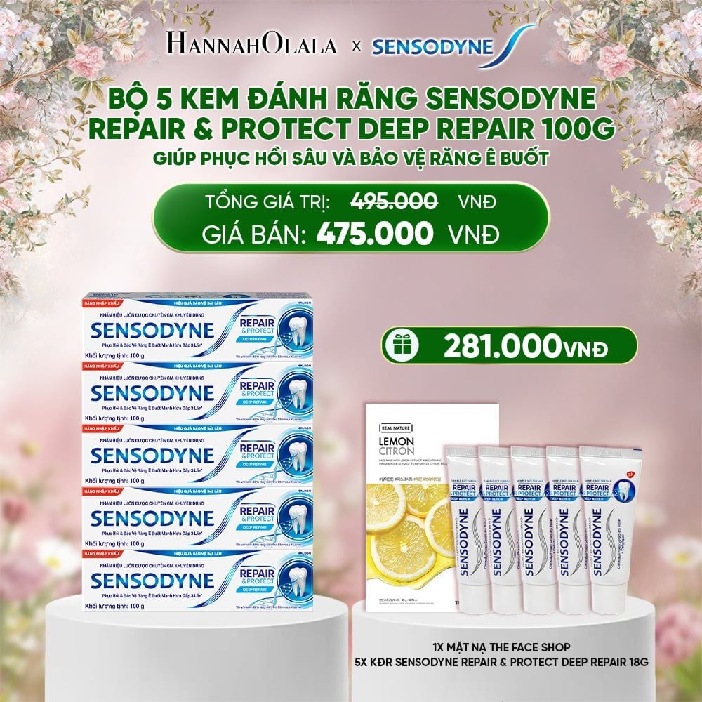  DEAL 12: BỘ 5 KEM ĐÁNH RĂNG SENSODYNE REPAIR & PROTECT DEEP REPAIR 100G GIÚP PHỤC HỒI SÂU VÀ BẢO VỆ RĂNG Ê BUỐT 