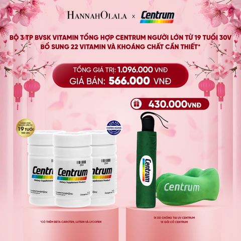 DEAL 12: BỘ 3 TP BVSK VITAMIN TỔNG HỢP CENTRUM NGƯỜI LỚN TỪ 19 TUỔI 30V BỔ SUNG HƠN 20 VITAMIN & KHOÁNG CHẤT GIÚP BẠN LUÔN ĐỦ CHẤT 