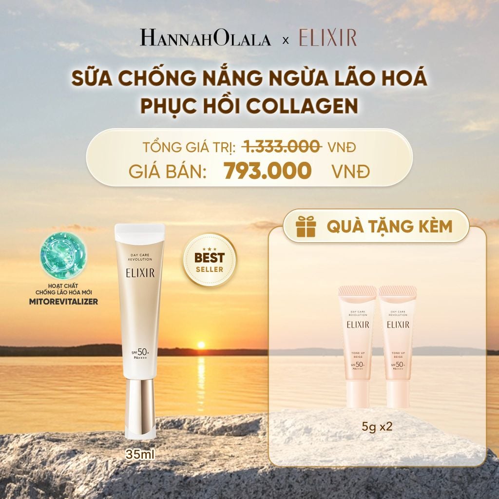  [THẾ HỆ MỚI] KEM CHỐNG NẮNG DẠNG SỮA PHỤC HỒI COLLAGEN TỪ CẤP ĐỘ TẾ BÀO ELIXIR DAY CARE REVOLUTION SPF50+ 35ML - DEAL 18 - B544 