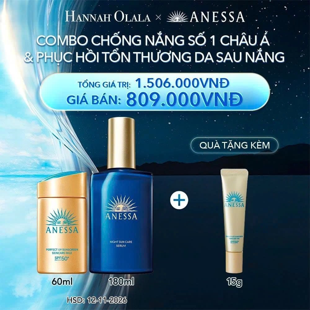  A4_DEAL 12: COMBO SỮA CHỐNG NẮNG & SERUM PHỤC HỒI TỔN THƯƠNG SAU NẮNG CHO MẶT - TOÀN THÂN ANESSA GOLD MILK 60ML + NIGHT SERUM 180ML 