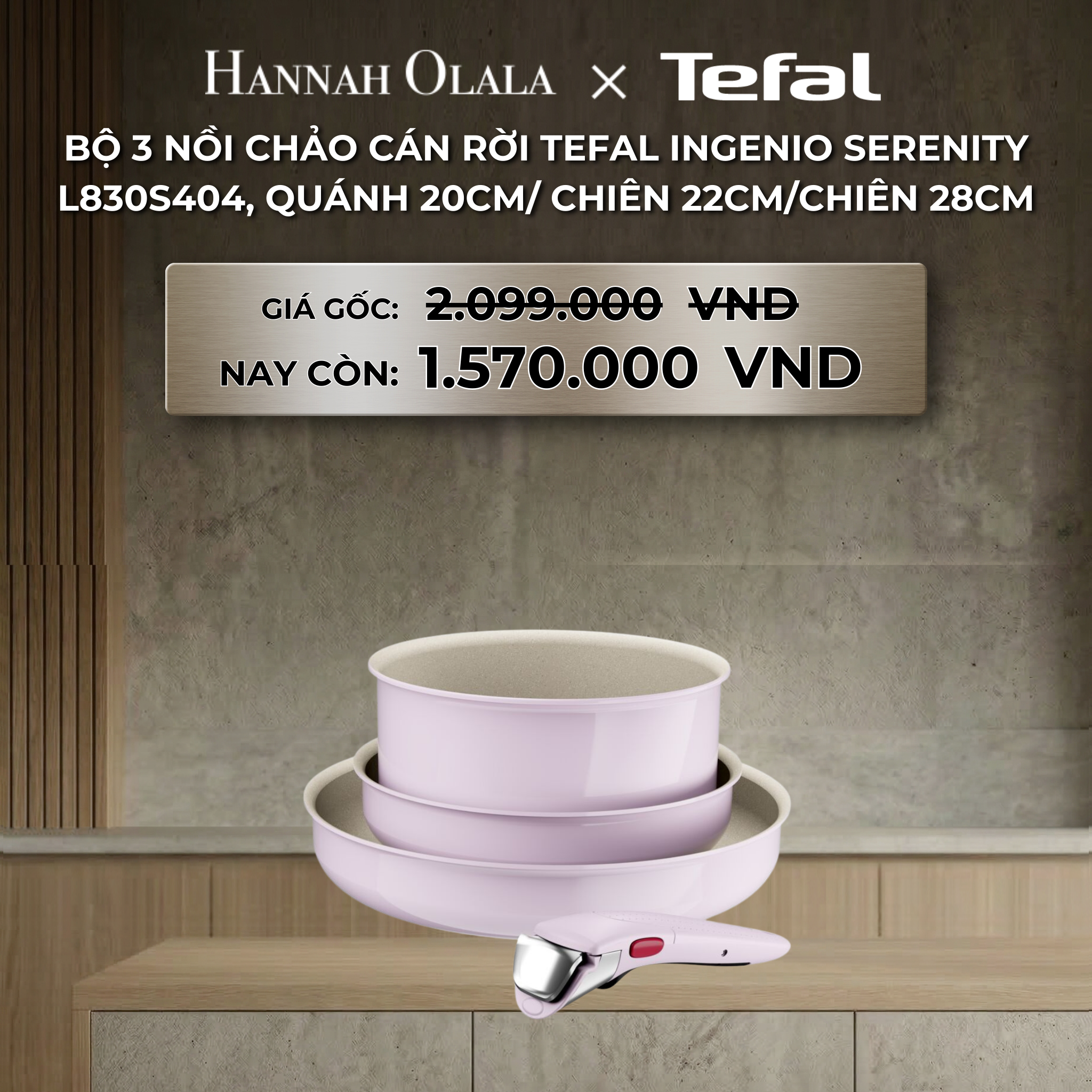 B70_deal 13: bộ 3 nồi chảo cán rời tefal ingenio serenity, quánh 20cm/ chiên 22cm/chiên 28cm