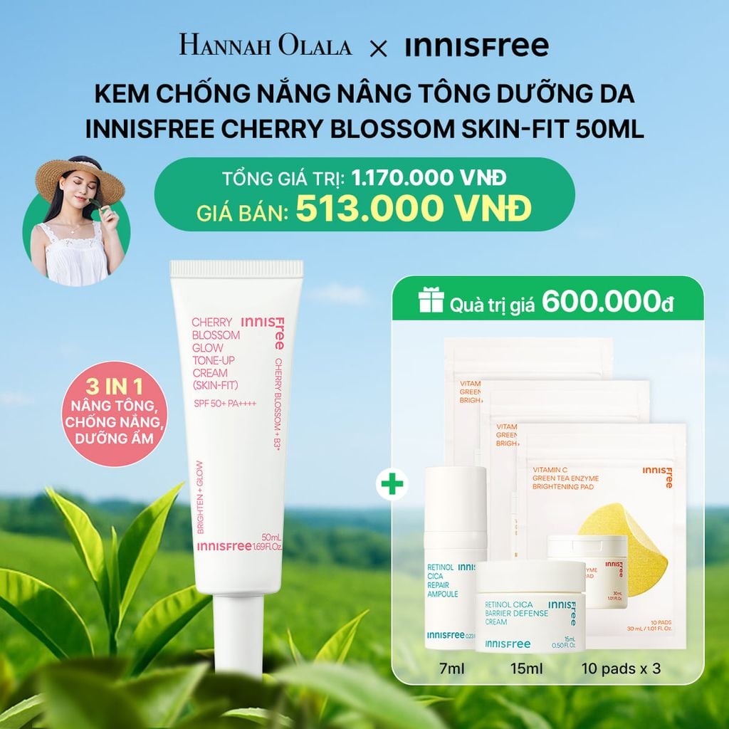  DEAL 13: KEM CHỐNG NẮNG NÂNG TÔNG DƯỠNG DA INNISFREE CHERRY BLOSSOM SKIN-FIT 50ML 