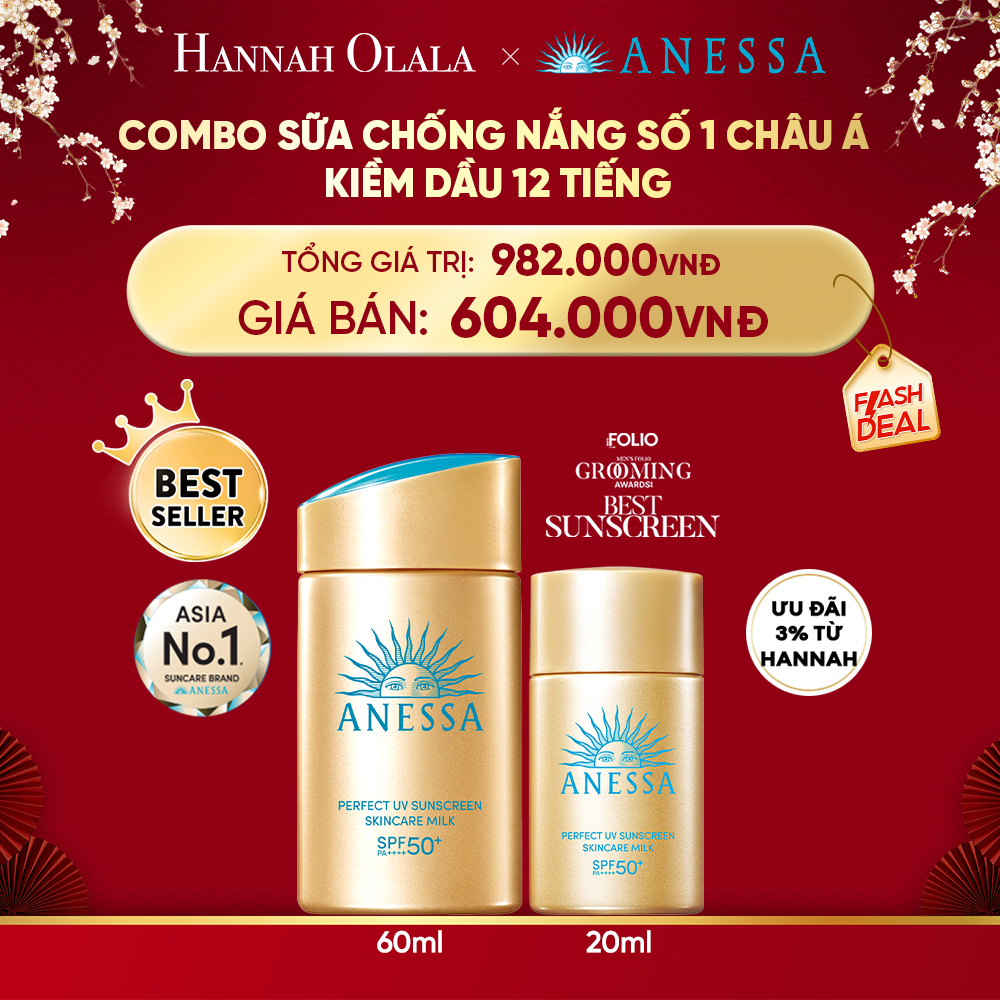  DEAL 13: COMBO SỮA CHỐNG NẮNG DƯỠNG DA KIỀM DẦU BẢO VỆ HOÀN HẢO ANESSA GOLD MILK SPF50+ PA++++ 60ML + 20ML 