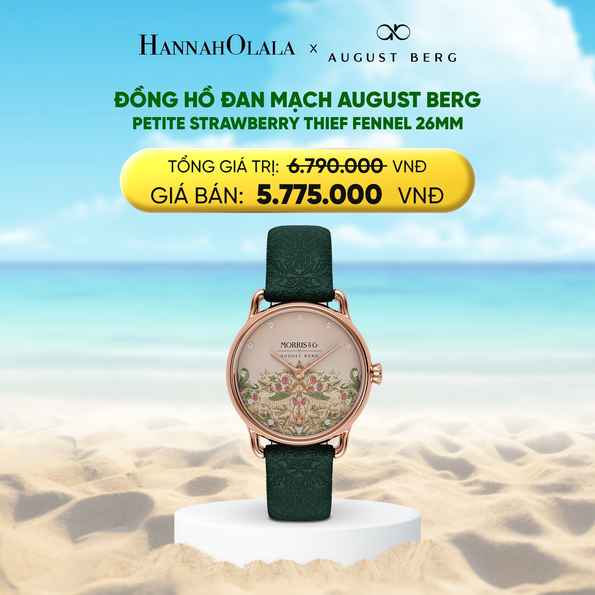 A1736_deal 7: petite strawberry thief indigo 26mm - dây da ý - màu bạc - Hannah Olala