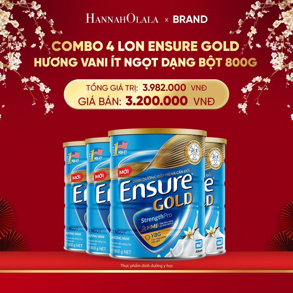  A32_DEAL 13: COMBO 4 LON ENSURE GOLD HƯƠNG VANI ÍT NGỌT DẠNG BỘT 800G 