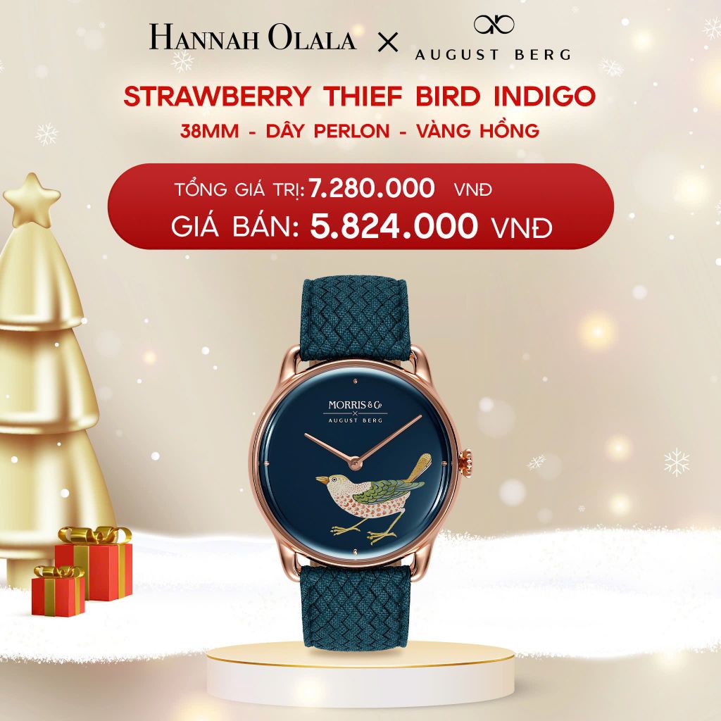  DEAL 13: ĐỒNG HỒ ĐAN MẠCH AUGUST BERG x MORRIS & CO. - MẶT STRAWBERRY THIEF INDIGO 38 MM VIỀN VÀNG HỒNG - DÂY PERLON 