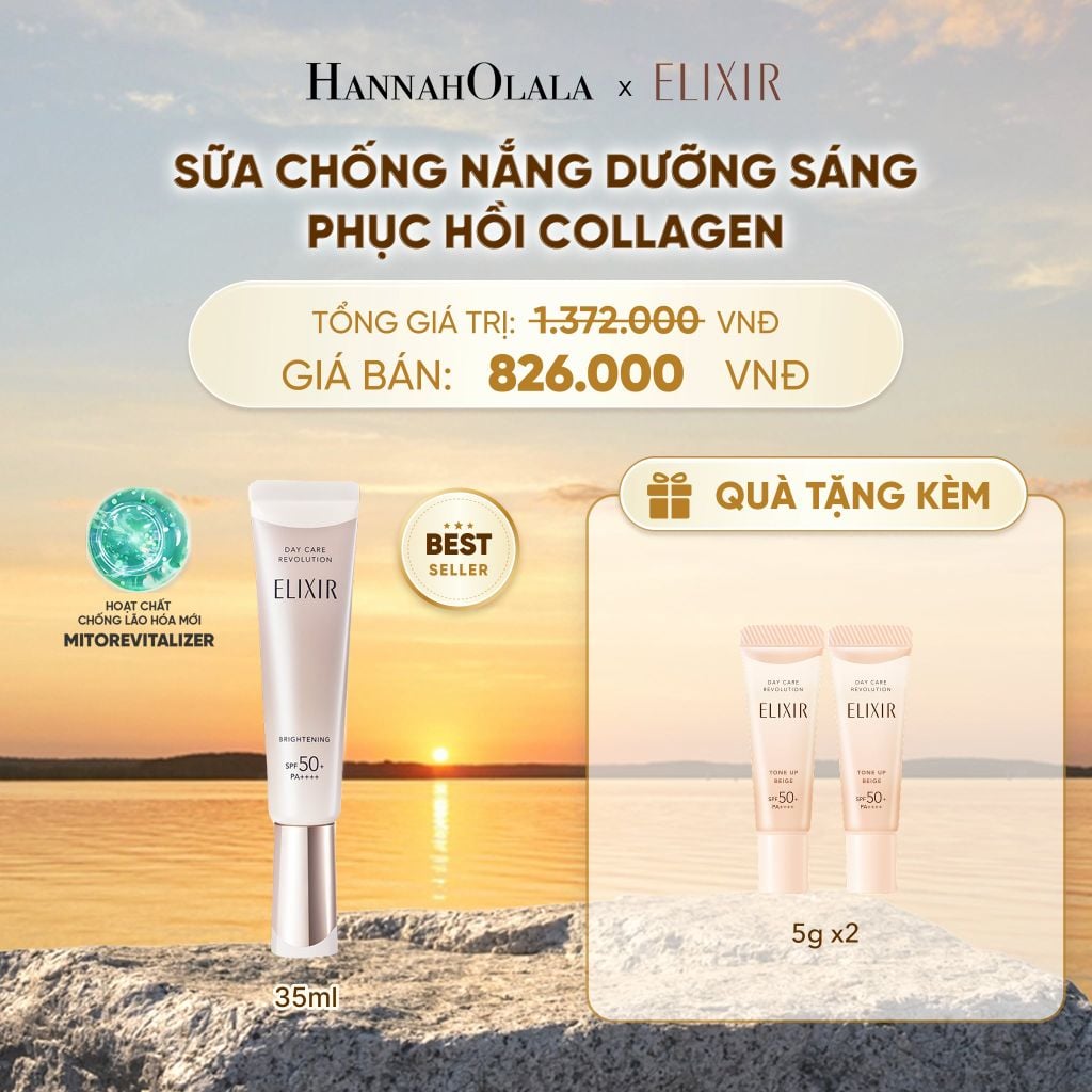  [THẾ HỆ MỚI] KEM CHỐNG NẮNG DẠNG SỮA DƯỠNG SÁNG PHỤC HỒI COLLAGEN TỪ CẤP ĐỘ TẾ BÀO ELIXIR DAY CARE REVOLUTION SPF50+ 35ML - DEAL 19 - B545 