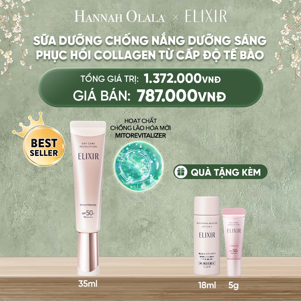  DEAL 13: [THẾ HỆ MỚI] KEM CHỐNG NẮNG DẠNG SỮA DƯỠNG SÁNG PHỤC HỒI COLLAGEN TỪ CẤP ĐỘ TẾ BÀO ELIXIR DAY CARE REVOLUTION SPF50+ 35ML 