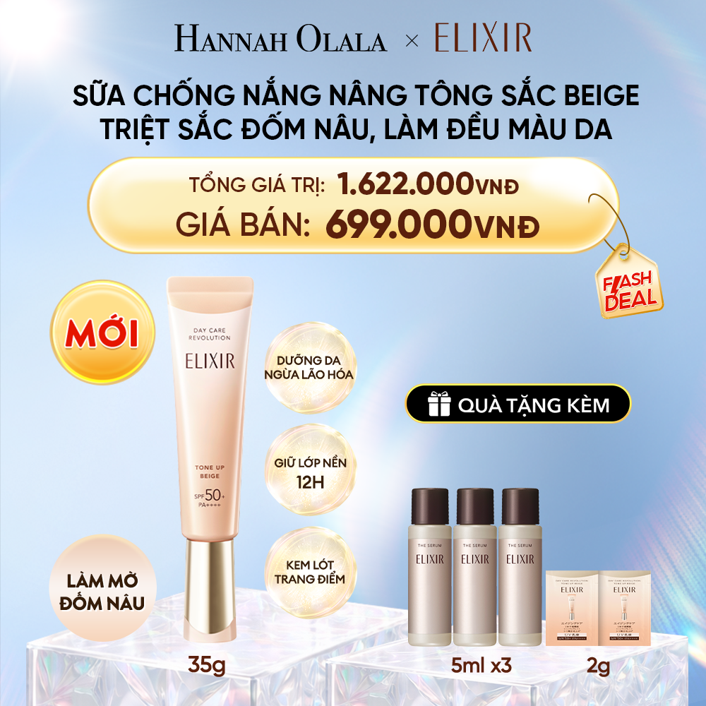  DEAL 13: | SẮC BEIGE MỚI | KEM CHỐNG NẮNG DẠNG SỮA NÂNG TÔNG CHỐNG LÃO HÓA TRIỆT SẮC ĐỐM NÂU ELIXIR DAY CARE REVOLUTION TONE-UP PURE BEIGE 35G 