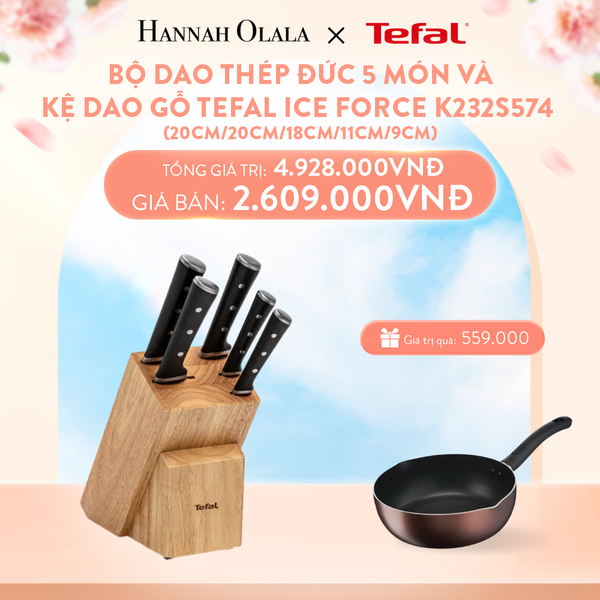  A844_DEAL 14.2: BỘ DAO THÉP ĐỨC 5 MÓN VÀ KỆ DAO GỖ TEFAL ICE FORCE K232S574, 20CM/20CM/18CM/11CM/9CM 