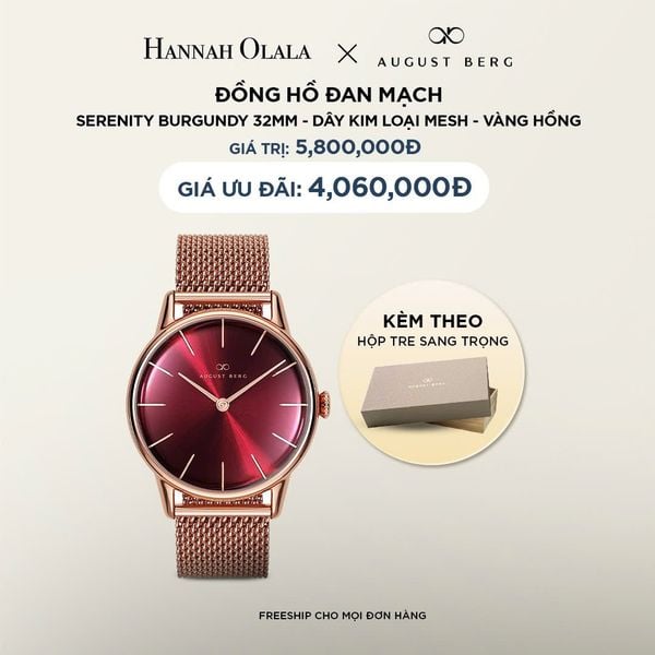  DEAL 14: ĐỒNG HỒ ĐAN MẠCH AUGUST BERG SERENITY - MẶT BURGUNDY 32MM, DÂY MESH MÀU VÀNG HỒNG 