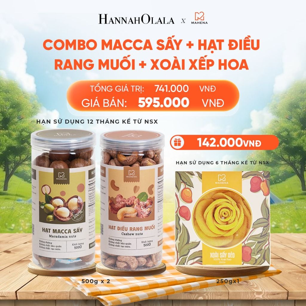  COMBO MACCA SẤY 500G + HẠT ĐIỀU RANG MUỐI 500G + XOÀI XẾP HOA 500G - DEAL 14: 