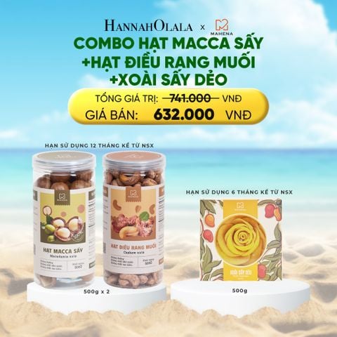  A901_DEAL 14: COMBO MACCA SẤY 500G + HẠT ĐIỀU RANG MUỐI 500G + XOÀI XẾP HOA 500G 