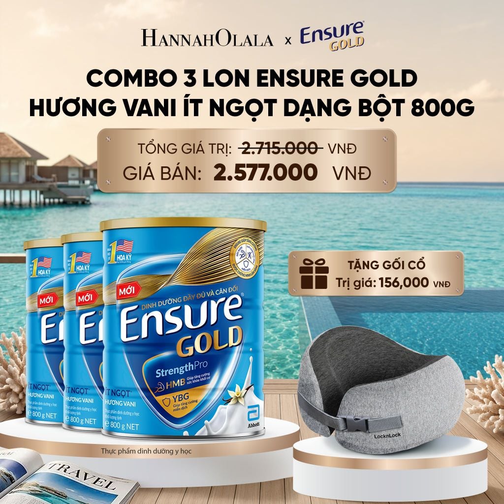  [TẶNG GỐI CỔ LOCKNLOCK] COMBO 3 LON ENSURE GOLD HƯƠNG VANI ÍT NGỌT DẠNG BỘT 800G DEAL 14:_ D2129 