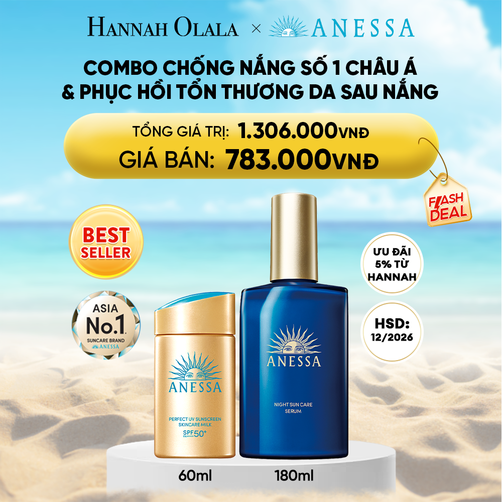  DEAL 14: COMBO KEM CHỐNG NẮNG DẠNG SỮA & SERUM PHỤC HỒI TỔN THƯƠNG SAU NẮNG CHO MẶT - TOÀN THÂN ANESSA GOLD MILK 60ML + NIGHT SERUM 180ML HSD: 25/12/2026 