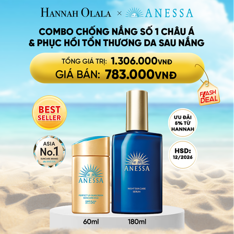  DEAL 14: COMBO KEM CHỐNG NẮNG DẠNG SỮA & SERUM PHỤC HỒI TỔN THƯƠNG SAU NẮNG CHO MẶT - TOÀN THÂN ANESSA GOLD MILK 60ML + NIGHT SERUM 180ML HSD: 25/12/2026 