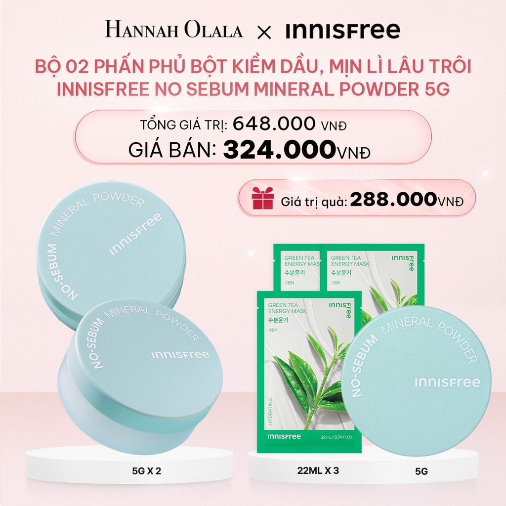  E136_DEAL 21: BỘ 02 PHẤN PHỦ BỘT KIỀM DẦU, MỊN LÌ LÂU TRÔI INNISFREE NO SEBUM MINERAL POWDER 5G 